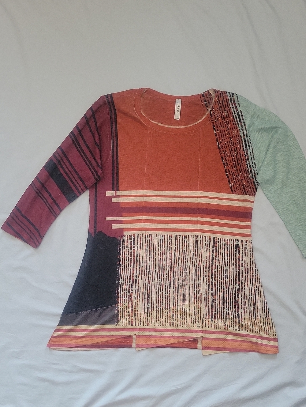 Women’s Mixed-Print Scoop Neck Sweater in Rust and Mint
